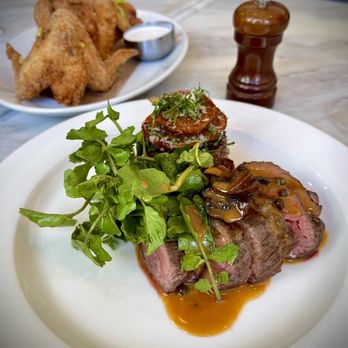 Homer St. Cafe and Bar - BISTRO FILET ...  peppercorn & mushroom jus, watercress, crispy Russet potato - Canadian (New) Near Me - Vancouver, British Columbia