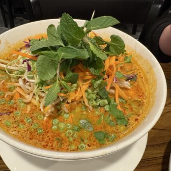 Bhan Mae Vane - Very tasty curry chicken noodle soup with cabbage slaw, quail eggs, and cubes of pork blood - Thai Near Me - Alameda, California Bhan Mae Vane - Very tasty curry chicken noodle soup with cabbage slaw, quail eggs, and cubes of pork blood - Thai Near Me - Alameda, California