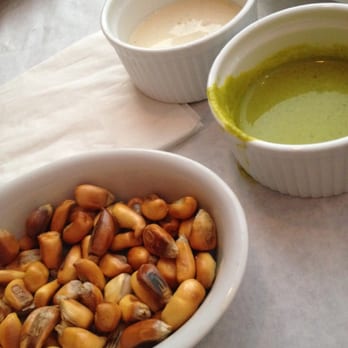 Incas Grill Peruvian kitchen - roasted corn kernels, mayo sauce, and a spicy green sauce. yum! - Peruvian Near Me - Staten Island, New York