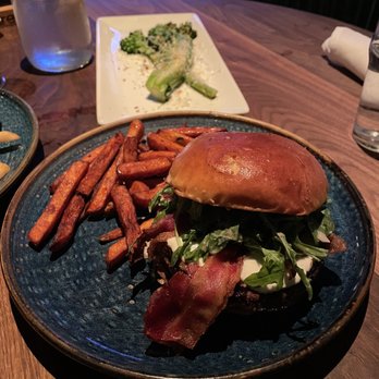 Eureka! - Fresno Fig Burger with Honey-Cinnamon Sweet Potato Fries (peep the sad and expensive side of Broccolini- not worth the price!) - Burgers Near Me - Ontario, California