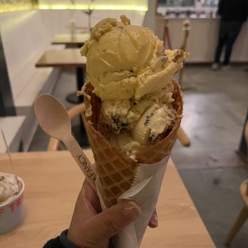 Off Track Ice Cream - Triple scoop- peach crisp, chocolate pretzel, and mint chip - Ice Cream & Frozen Yogurt Near Me - Charleston, South Carolina