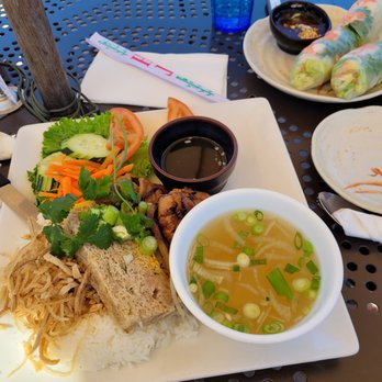 Pho Ba Co - Julienne pork with egg quiche. spring rolls in the back - Vietnamese Near Me - Irvine, California