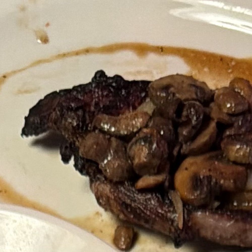 Well done Ribeye* 12oz & Ribeye with onions and mushrooms juicy and tender. Well done Ribeye* 12oz & Ribeye with onions and mushrooms juicy and tender.