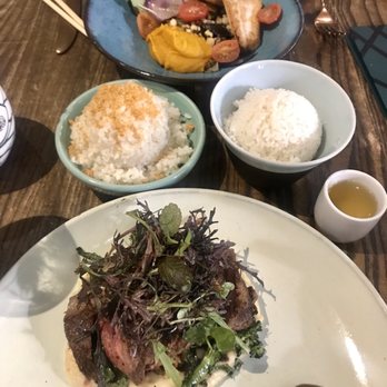 Lineage - wagyu striploin, seared local catch, two sides of rice (one plain, one garlic) - Asian Fusion Near Me - Wailea, Hawaii Lineage - wagyu striploin, seared local catch, two sides of rice (one plain, one garlic) - Asian Fusion Near Me - Wailea, Hawaii