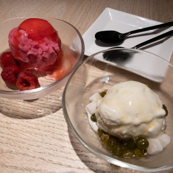 Kiitsu - Red shiso sorbet / Milk ice cream with fresh mochi and sweet green pea - Japanese Near Me - Los Angeles, California Kiitsu - Red shiso sorbet / Milk ice cream with fresh mochi and sweet green pea - Japanese Near Me - Los Angeles, California