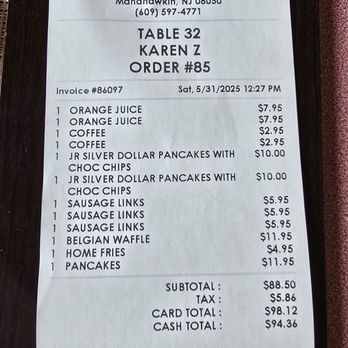 39° North - Receipt - Waffles Near Me - Manahawkin, New Jersey