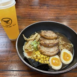 Pork ramen with a passion fruit tea