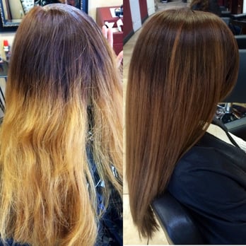 Salon Amerige - Left: before picture done by a so called "stylist". Right: the color correction Amber did!! So in love with the results. - Hair Salons Near Me - Fullerton, California Salon Amerige - Left: before picture done by a so called "stylist". Right: the color correction Amber did!! So in love with the results. - Hair Salons Near Me - Fullerton, California