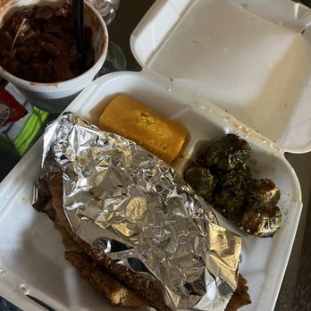 Butter Funk Kitchen - Fried Catfish 2 Sides(Greens and Brussels Sprouts) w/Red Beans Rice 12 oz - Southern Near Me - Houston, Texas Butter Funk Kitchen - Fried Catfish 2 Sides(Greens and Brussels Sprouts) w/Red Beans Rice 12 oz - Southern Near Me - Houston, Texas