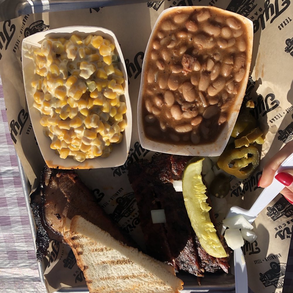 Tyler's Barbeque - Two meat plate. Ribs brisket jalapeño corn and beans. $16 - Barbeque Near Me - Amarillo, Texas Tyler's Barbeque - Two meat plate. Ribs brisket jalapeño corn and beans. $16 - Barbeque Near Me - Amarillo, Texas