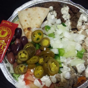 The Halal Guys - Combination platter with olives and jalapeños. Gotta get that red sauce, of course. - Halal Near Me - Tempe, Arizona The Halal Guys - Combination platter with olives and jalapeños. Gotta get that red sauce, of course. - Halal Near Me - Tempe, Arizona