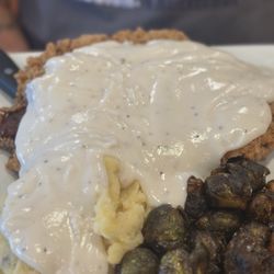 Granny’s Kitchen - Chicken Fried Steak (16 oz) w/mashed potatoes & Brussels Sprouts