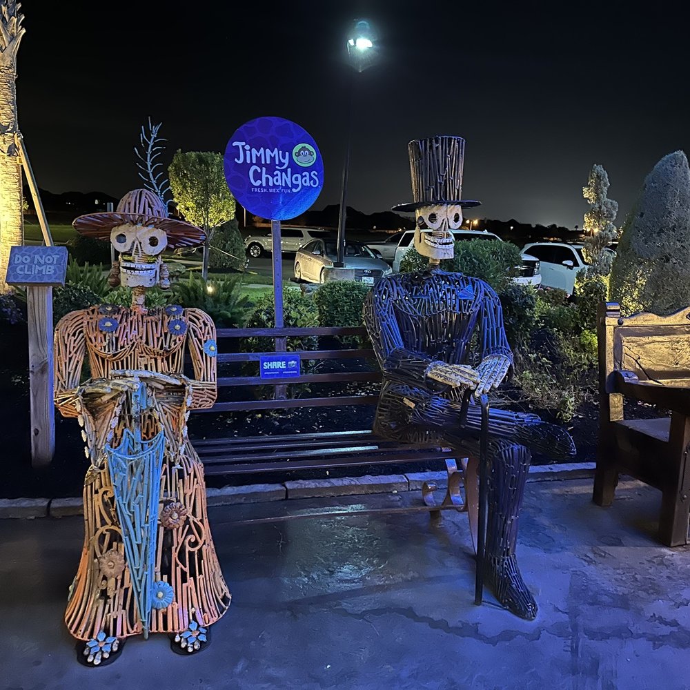 Jimmy Changas - a couple of skeletons sitting on a bench - Mexican Near Me - League City, Texas Jimmy Changas - a couple of skeletons sitting on a bench - Mexican Near Me - League City, Texas