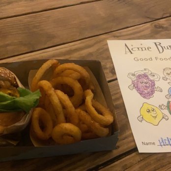 Acme Burger - Cheeseburger w grilled onions, avocado, garlic aioli and lettuce with onion rings. - Burgers Near Me - Cotati, California