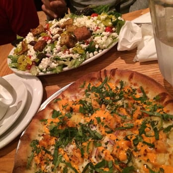 Pies & Pints - Sriracha shrimp pie and Greek salad - Pizza Near Me - Charleston, West Virginia