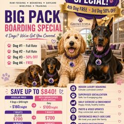Growltopia - Big pack? Big savings!  4th dog FREE and 3rd dog 50% OFF on boarding stays.