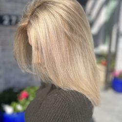 Lex Gable Hair - Color correction from red henna to sandy blonde baby lights, conditioning treatment, cut & blow out.