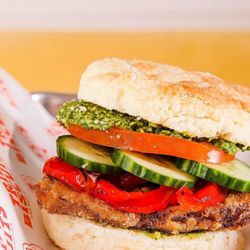 Trip’n Biscuits - KARMIC DELIGHT: Buttermilk biscuit. Fried Eggplant. Roasted red pepper. Cucumber. Tomato. Parsley Arugula Pesto.