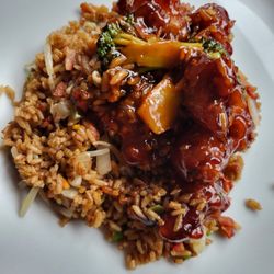 New Oriental Kitchen - General Tso chicken over pork fried rice