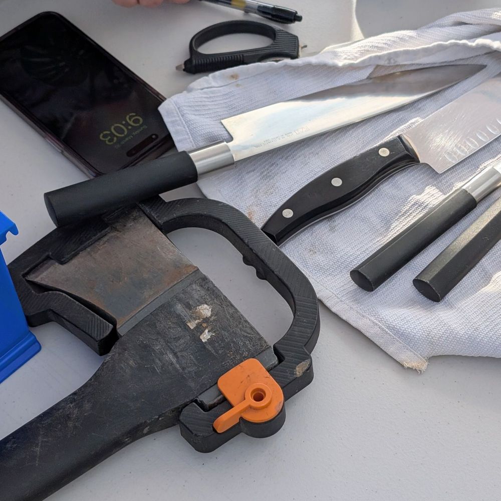 Mission Cutlery - We brought 4 knives, kitchen scissors, and an axe for sharpening - Knife Sharpening Near Me Mission Cutlery - We brought 4 knives, kitchen scissors, and an axe for sharpening - Knife Sharpening Near Me