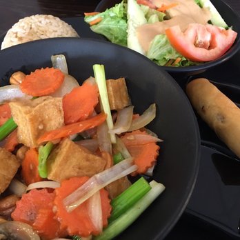 Ocean Thai Cuisine - Cashew stir fry with a salad, brown rice and a aping roll - Thai Near Me - Oceanside, California