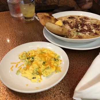 Another Broken Egg Cafe - SHRIMP N GRITS with everything OMG!!  With egg scramble cheddar cheese and green onions - Breakfast & Brunch Near Me - Burbank, California