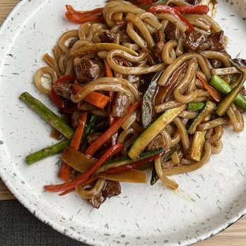 Moim - This is the Beef Yakitori with brown sauce, noddles, beef and red and green peppers.  This dish was served hot. Very delicious. - Sushi Bars Near Me - Locust Valley, New York