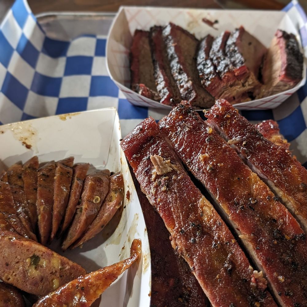 Tyler's Barbeque - 1/4lb jalapeno cheddar sausage, half rack of ribs, and 1/2lb sliced brisket - Barbeque Near Me - Amarillo, Texas