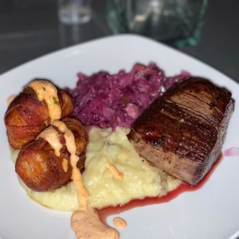 Chuck's Fish - Surf & turf Filet, stuffed shrimp potatoes and braised red cabbage - Sushi Bars Near Me - Athens, Georgia