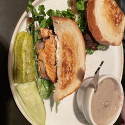 Salmon sandwich & their amazing mushroom soup!