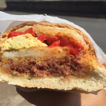 Lou's Cafe - Corned Beef Hash Sammie with roasted peppers on a soft roll. - Coffee & Tea Near Me - San Francisco, California