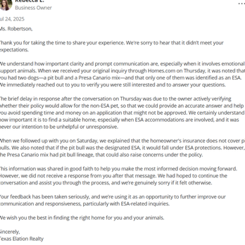 Texas Elation Realty - Rebecca E., the business owner's original response to my review. - Property Management Near Me Texas Elation Realty - Rebecca E., the business owner's original response to my review. - Property Management Near Me