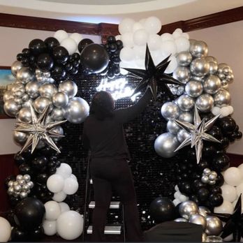 Ann's Creative Hands - Backdrop shimmer wall 6x6 with foil star burst balloons,  metallic balloons  starts at $400. - Party Supplies Near Me
