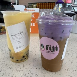Vietnamese coffee with ube foam Mango Smoothie with boba Vietnamese coffee with ube foam Mango Smoothie with boba