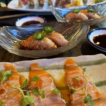Blue Sushi Sake Grill - (Top to Bottom) Godzilla Bomb, Itchy Salmon, Truffle Salmon - Sushi Bars Near Me - Dallas, Texas