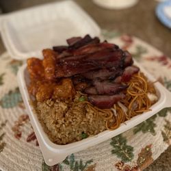 Pots n' Woks - Combo #3, half fried rice & chow mein with BBQ pork, orange chicken, & Mongolian beef