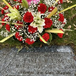 Ogrodek Flowers - My mom's grave. Red carnations for my mom and one gerber daisy to represent me. Jolanta learns her customers and knows what suits them.