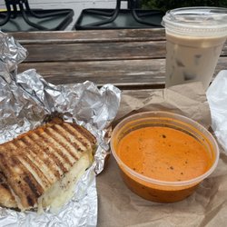 Campbell's Market Basket - Gourmet grilled cheese special with tomato bisque and iced coffee