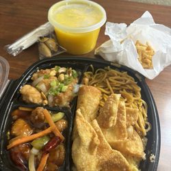 Bamboo - Super combo special with generals chicken, spicy cashew chicken, crab rangoon, egg roll, noodles, rice and egg drop soup.