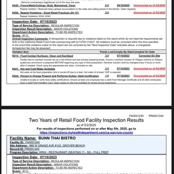Bunn Thai Bistro - Department of Health report - Thai Near Me - Grover Beach, California