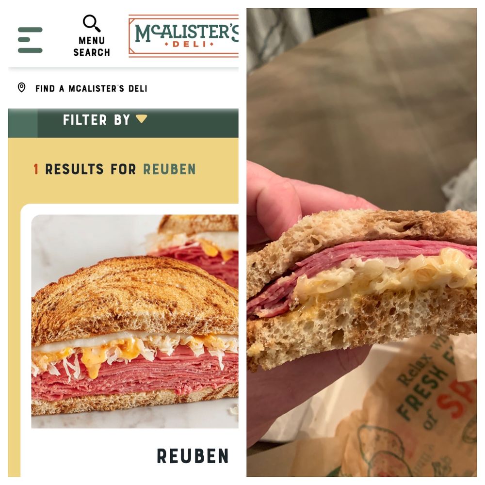 McAlister's Deli - Reuben on the menu vs reality. - Salad Near Me - Fort Mill, South Carolina McAlister's Deli - Reuben on the menu vs reality. - Salad Near Me - Fort Mill, South Carolina