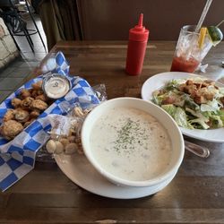 Stockhouse Restaurant & Sandbar Pub - Fried mushrooms, clam chowder, Caesar salad (alas no anchovies)