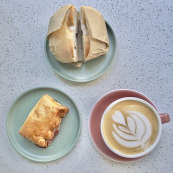 1 Oz Coffee - Pink Guava Pastry, Boichik Bagel with Cream Cheese and a Vanilla Bean Latte at 1 Oz Coffee - Coffee & Tea Near Me - Santa Clara, California
