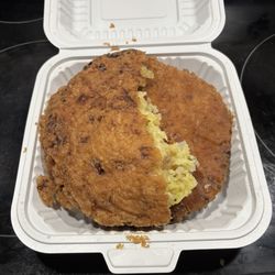 Shrimp Egg Foo Young. Tastes like they double fried it and coated it with flour. No seasoning whatsoever.