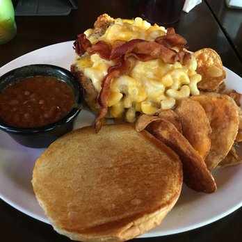 Boston Burger - Somerville - The Mac Attack burger with a side of beans and kettle chips. AMAZING! - Burgers Near Me - Somerville, Massachusetts