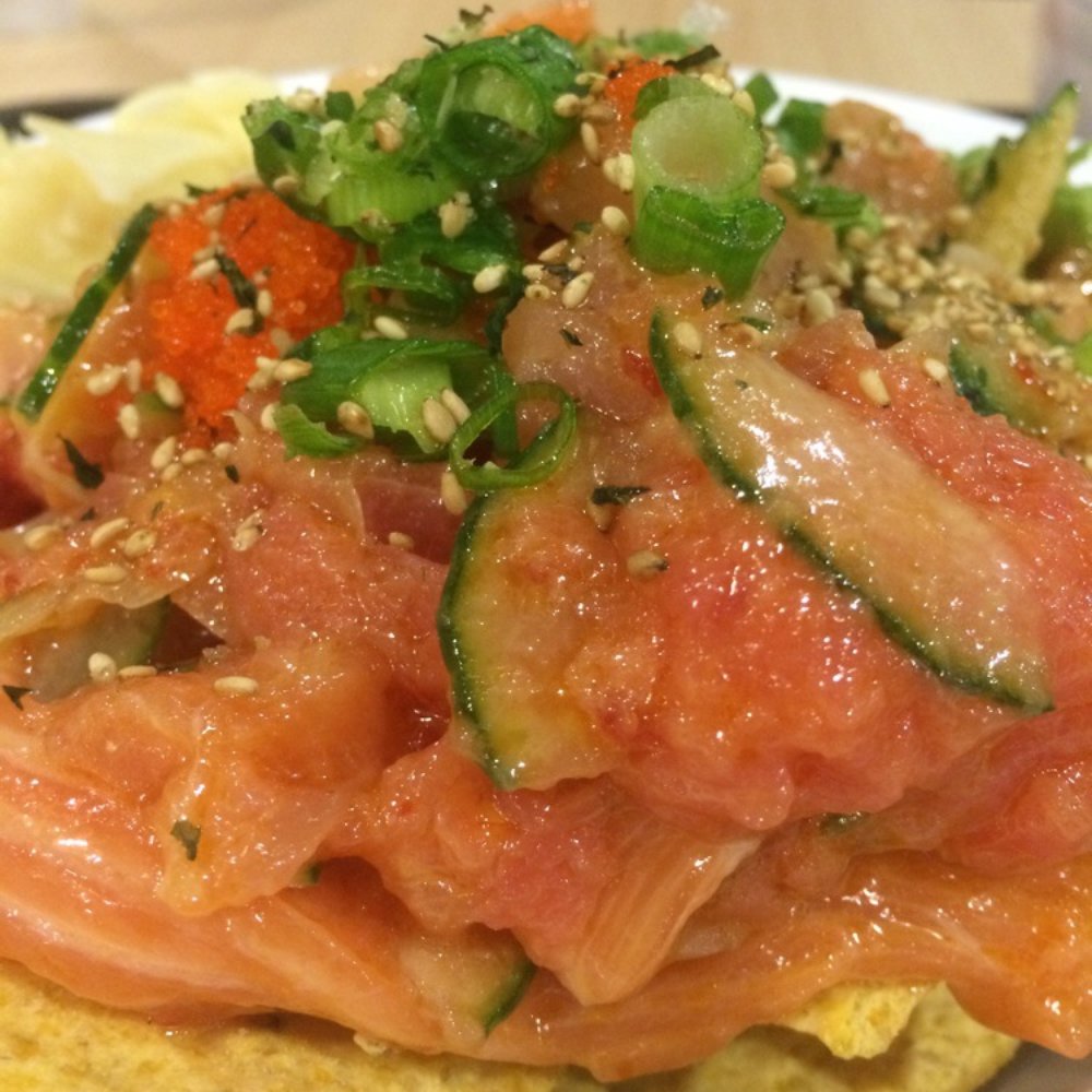 PokiNometry - Salmon, spicy tuna, yellowtail. Medium. Over nachos. - Japanese Near Me - Anaheim, California PokiNometry - Salmon, spicy tuna, yellowtail. Medium. Over nachos. - Japanese Near Me - Anaheim, California