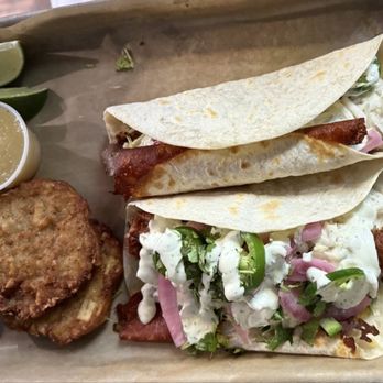 The Blue Goose - Fish Tacos (Walleye) with Potato Pancakes - American Near Me - Twin Lakes, Wisconsin