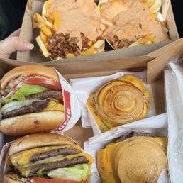 2 double-doubles , 2 flying Dutchman's , 2 fries animal style extra spread