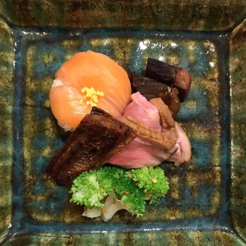 Kenzo Napa - Salmon sushi, simmered tuna, roasted duck, broccoli, and eel. Delicious, pure and distinct...savored while appreciating the arrangement. - Sushi Bars Near Me - Napa, California Kenzo Napa - Salmon sushi, simmered tuna, roasted duck, broccoli, and eel. Delicious, pure and distinct...savored while appreciating the arrangement. - Sushi Bars Near Me - Napa, California