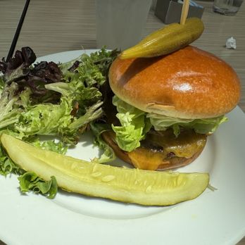 Eleven - Eleven burger with side salad and pickled okra - New American Near Me - Bentonville, Arkansas